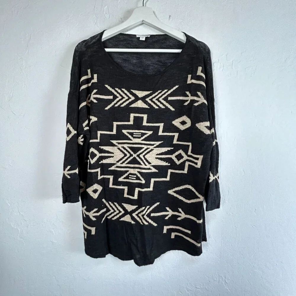 J. Jill Womens Black & Beige Aztec Knit Sweater Large Linen Blend 3/4 Sleeve